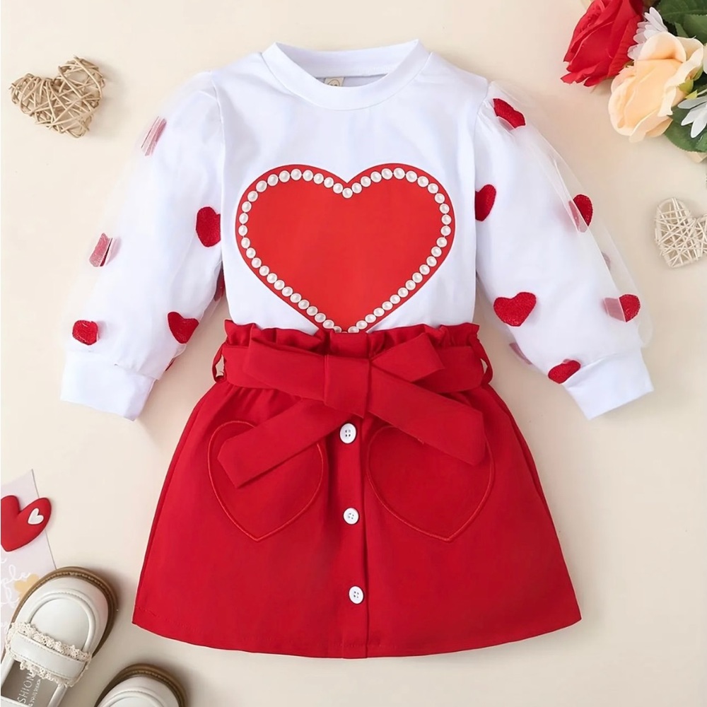 Girls Heart Print T-shirt and Skirt Set 2pcs Gift for Spring Autumn Summer